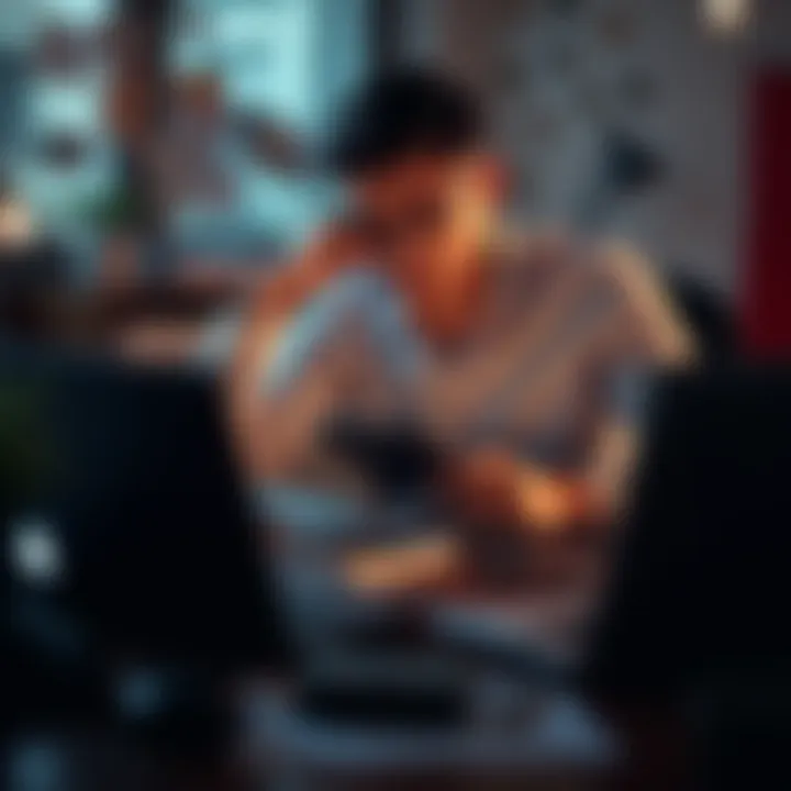 A person sitting at a desk with a laptop, calculators, and tax forms, looking overwhelmed while managing DeFi tax calculations.