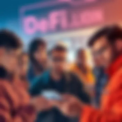 A group of people looking at various digital financial applications with expressions of uncertainty and caution. They discuss elements of trust and security before connecting their wallets.