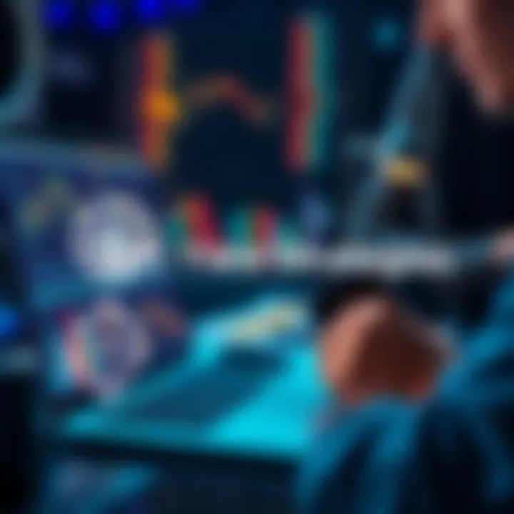 DeFi Yield Strategies A person analyzing data on a laptop with financial charts and graphs related to decentralized finance yields above 4%, emphasizing security and decentralized platforms.