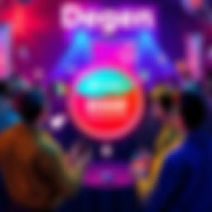 Colorful graphic showing the Degen meme token with Base and Farcaster logos, surrounded by engaged community members sharing ideas.