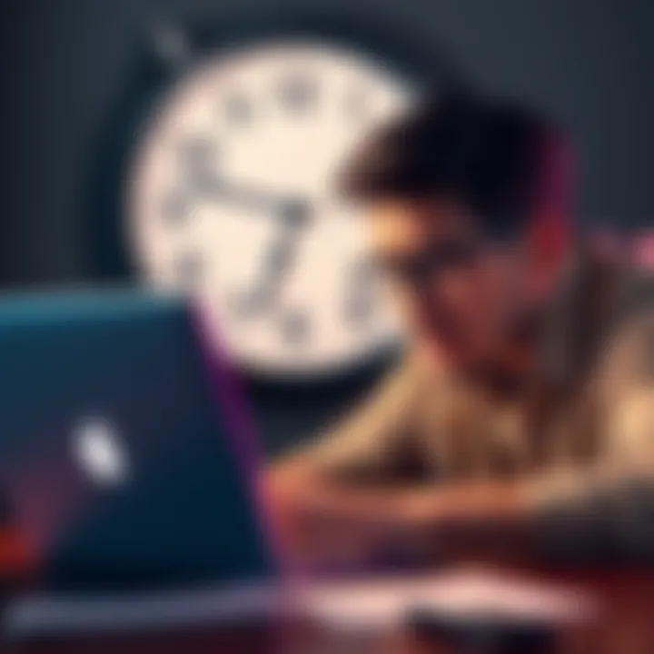 A worried person looking at a laptop while checking for tax documents, with a clock in the background indicating time pressure