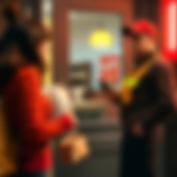 A delivery driver stands at a customer's door, looking confused while holding a food bag as the customer gestures impatiently, indicating they want their order without a PIN verification.