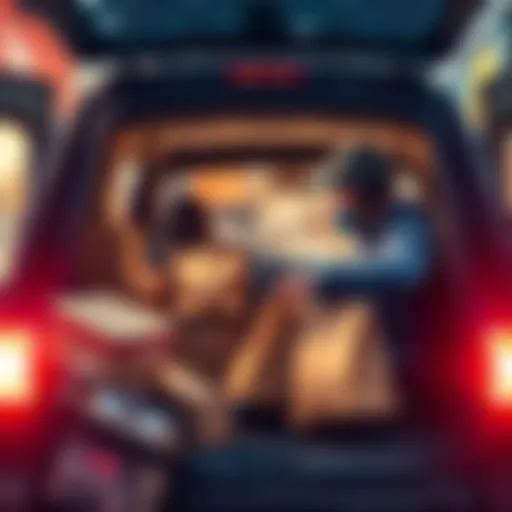 A delivery driver loading shopping bags from a retail store into their vehicle, ready to deliver to customers