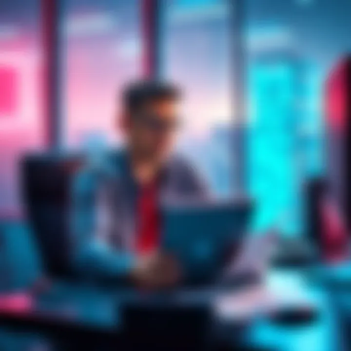 A person looking for a skilled developer to assist with custom programming tasks, sitting at a desk with a laptop and papers.