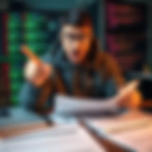 A developer points at computer code with a shocked expression, highlighting discrepancies in code files, while documents about original work are spread on the table.