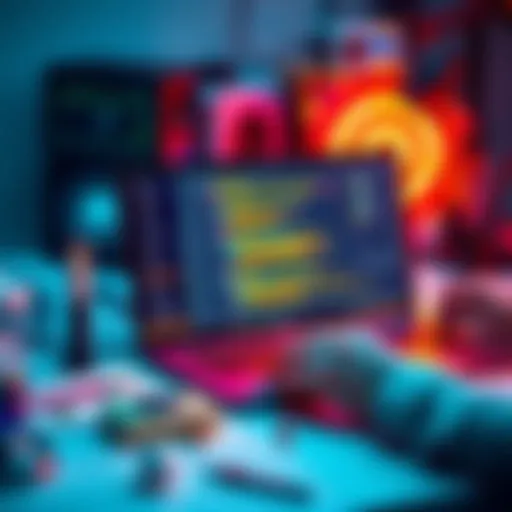 A developer using Gemini 3 Pro to build a language learning app, showing a laptop screen with code and design elements, surrounded by digital tools.