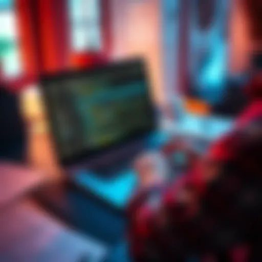 A developer designs a custom content management system on a laptop, showcasing code on the screen with notes and sketches around.