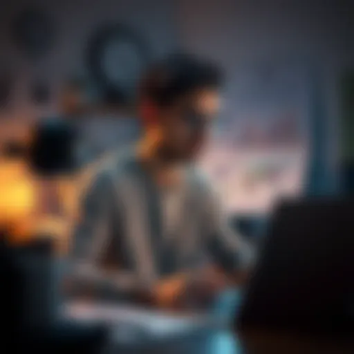 An aspiring developer looking for collaborators, surrounded by sketches and coding on a laptop in a creative workspace.