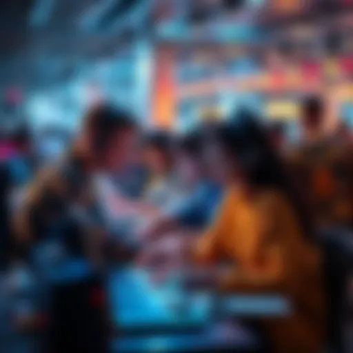 A group of developers working together on laptops during a hackathon event, brainstorming and coding to create new software projects.
