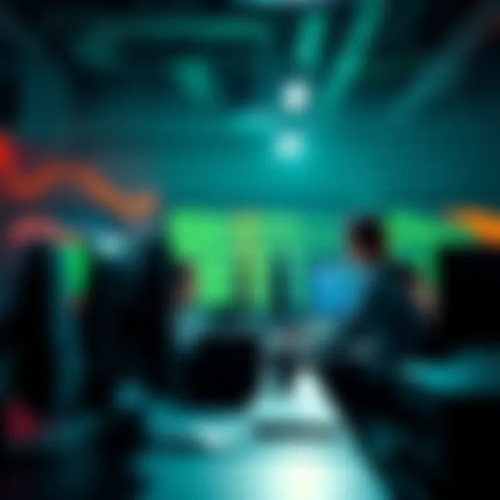 A group of developers working together at computers, discussing tech solutions and coding strategies to address industry challenges.