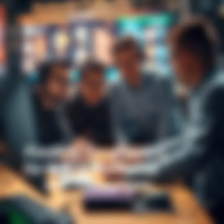 Developers Collaborating on Automation Tools Group of developers discussing and creating bot automation tools around a computer