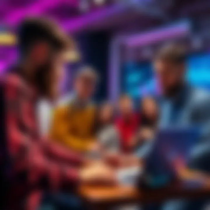 A diverse group of founders and developers discussing an NFT project with a laptop and digital graphics on the screen