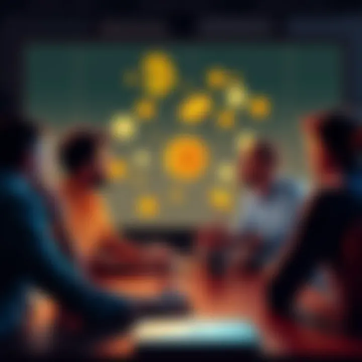 A group of developers in a video call discussing payment options, with cryptocurrency symbols on the screen