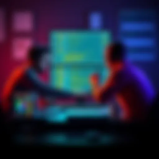 A team of developers working together on a computer to create a custom content management system, surrounded by code and design tools.