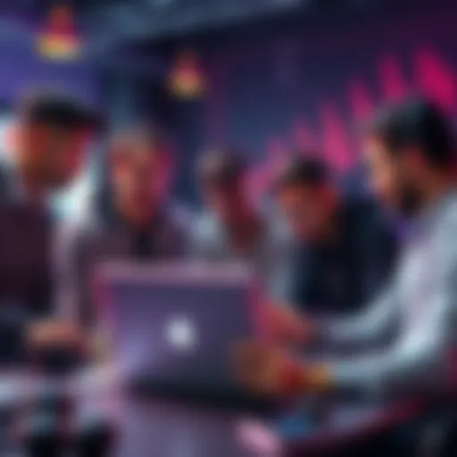 A group of tech enthusiasts collaborating and discussing around a laptop, showing excitement about Testnet.