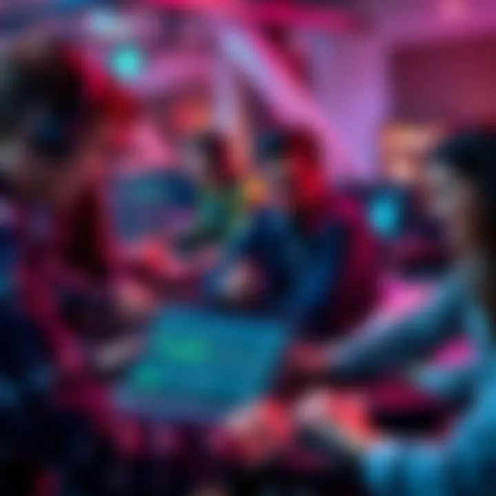 A group of developers collaborating and testing a new gRPC stream for Solana, showing charts and code on their laptops.