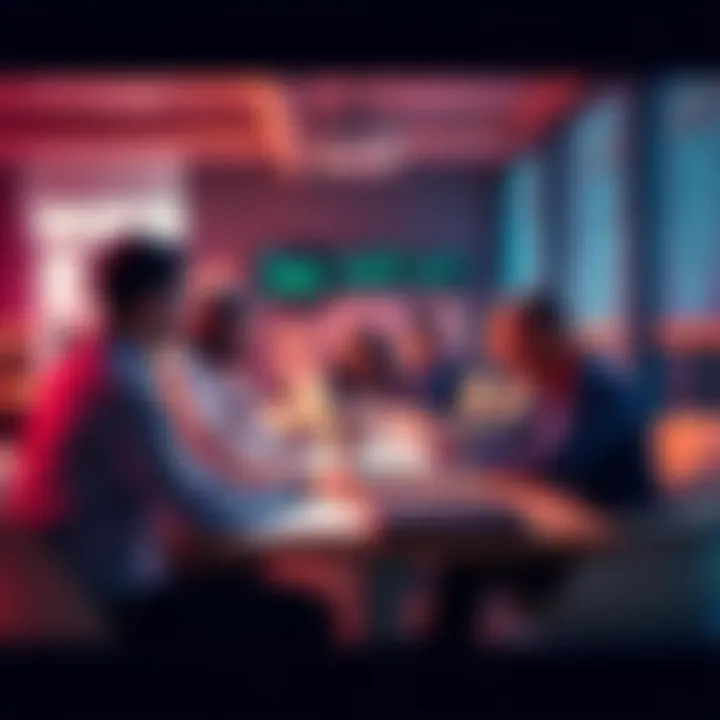 A group of developers discussing compliance and taxes for Dapps payments in an office setting, with charts and documents on the table.