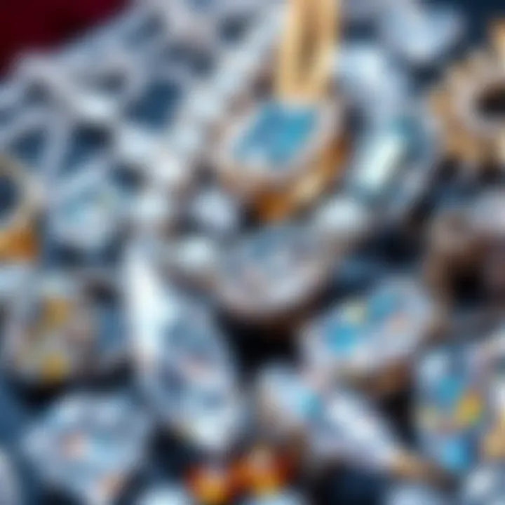 A close-up view of a luxurious display showcasing various diamond pieces, including rings and necklaces, highlighting their brilliance