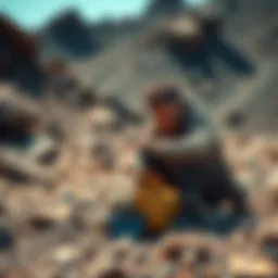 A person crouched down in a rocky field, looking for diamonds with a small shovel and a bag, showing signs of frustration