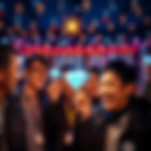 A group of people celebrating their diamond streak achievements, smiling and showing their badges, with a festive background.