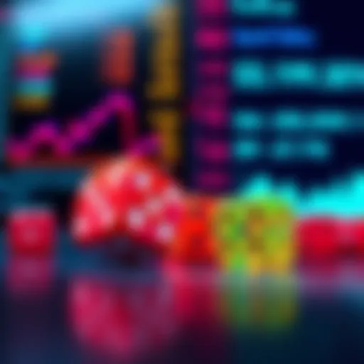 A close-up of colorful dice being rolled next to a digital screen showing seedphrase statistics.