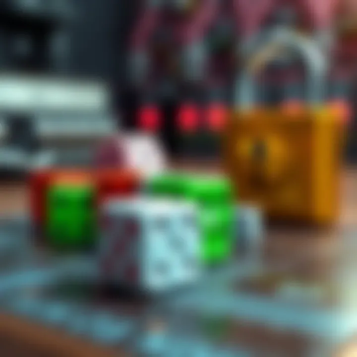 A close-up of multi-colored dice on a table next to a locked padlock, symbolizing security risks in seed phrase generation.