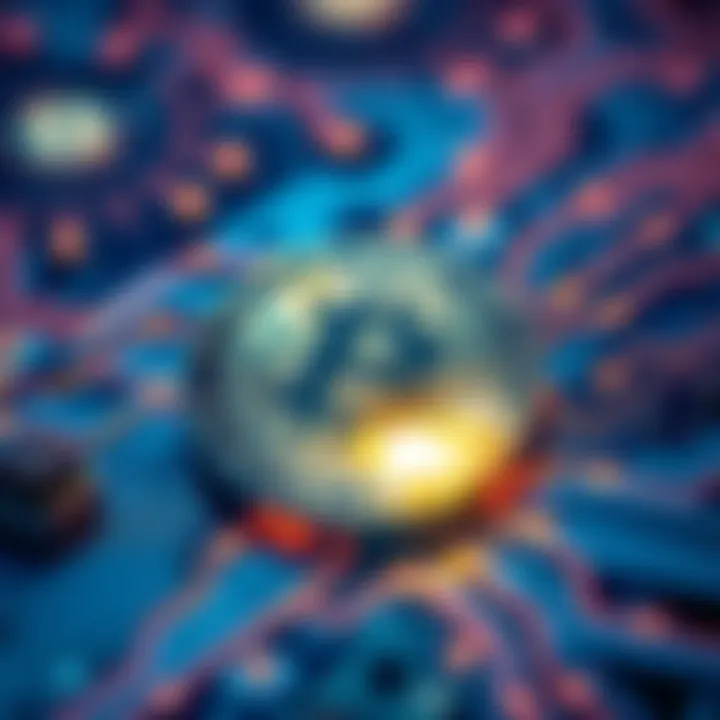 A digital representation of Digibyte cryptocurrency with a shining coin symbol and circuit patterns in the background, showcasing its speed and security features.