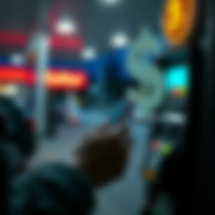 A person using a smartphone to make a digital payment at a gas station, with a cash symbol fading in the background.