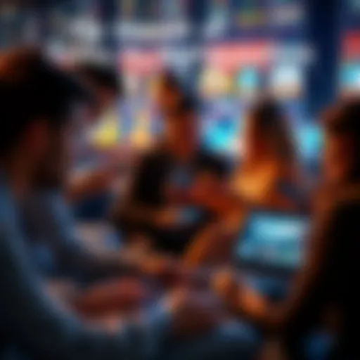 A group of people using laptops and smartphones to connect on various social media platforms