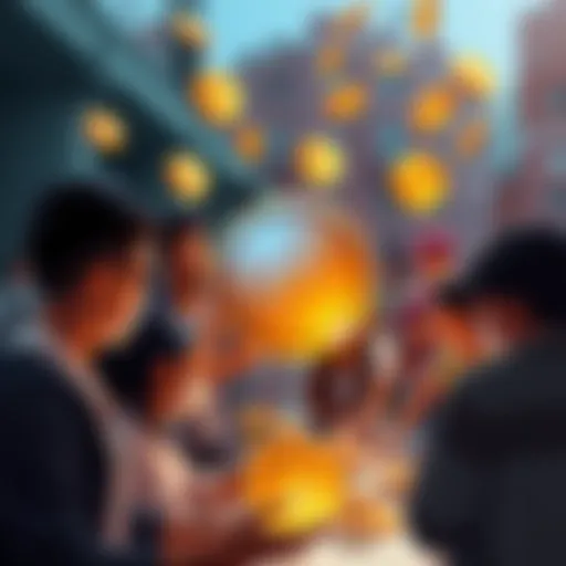 Illustration of a digital currency with tokens circulating among diverse community members promoting participation and circulation.