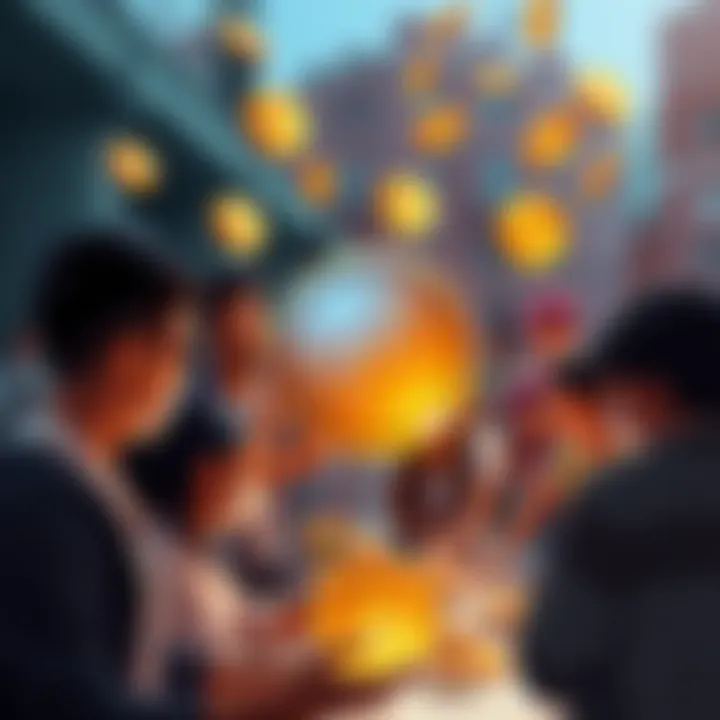 Illustration of a digital currency with tokens circulating among diverse community members promoting participation and circulation.