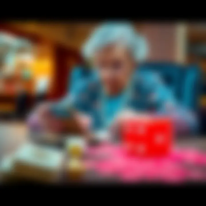 A grandmother sitting at a table with a digital wallet and colorful dice, preparing to make a transaction.