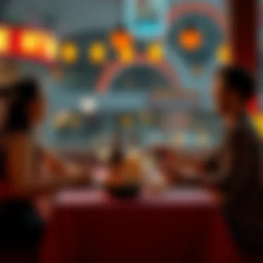 A couple sitting at a dinner table sharing secrets and laughter over a meal.