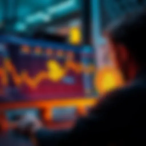 A high-net-worth individual buying Bitcoin on an exchange platform, focusing on a computer screen displaying Bitcoin prices and transactions.