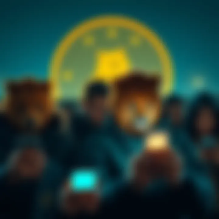 A group of people looking sad while checking their Dogecoin values on their phones amid a Dogecoin logo in the background