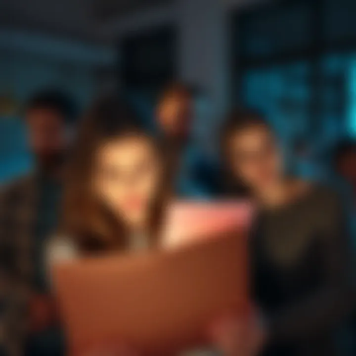 Group of people looking at emails with expressions of skepticism and concern