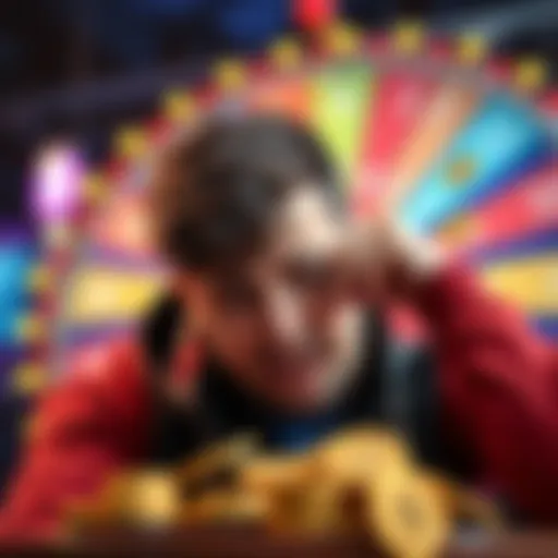 A frustrated player looks at their spin wheel tokens, feeling disappointment after recent auction results, with a spin wheel in the background.