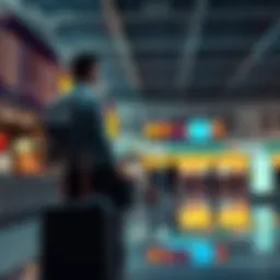 A frustrated traveler stands at an airport with a suitcase, looking at a flight information board showing delays.