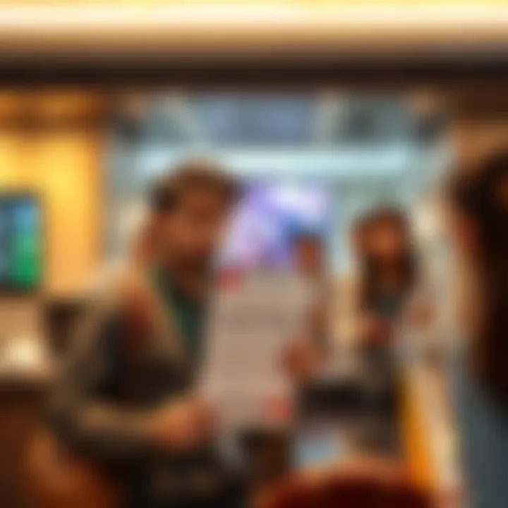A frustrated customer at a hotel reception desk while holding a booking confirmation, looking upset and confused, surrounded by staff trying to assist