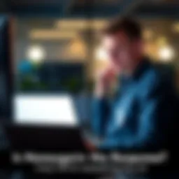 A frustrated user sitting at a desk looking at a laptop with a concerned expression, reflecting on the lack of response from Honeygain after long wait.