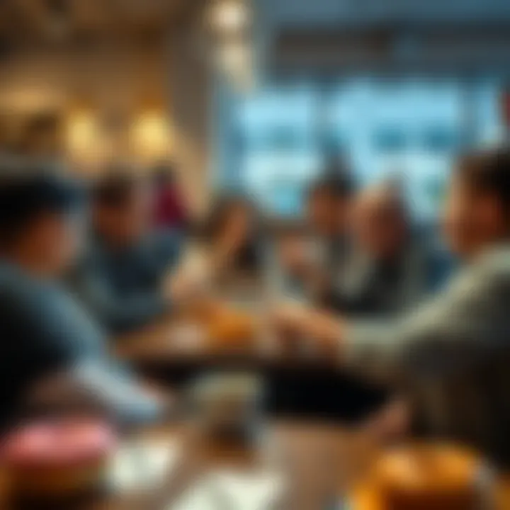 A group of people engaging in a lively discussion while enjoying donuts and coffee at a table