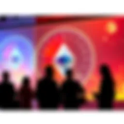 A group of people discussing cryptocurrency topics with a digital Ethereum logo in the background.