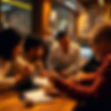 A group of people discussing forum guidelines over a laptop, with a notepad and coffee nearby.