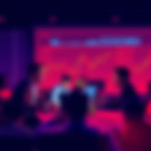 A group of people sharing trading insights and strategies at a table with laptops and charts.