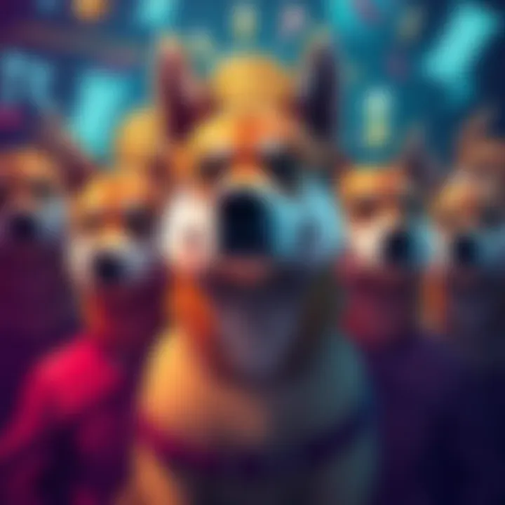 A group of DOGE coin holders looking worried and frustrated, surrounded by symbols of financial loss and despair.