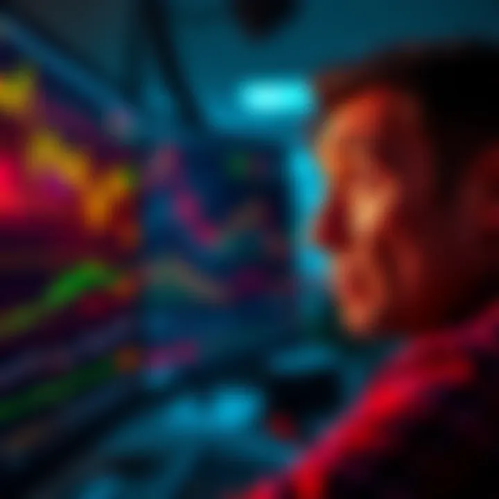 Person looking distressed while checking investment charts A person with a worried expression staring at a screen filled with declining stock charts, reflecting the stress of recent market losses.