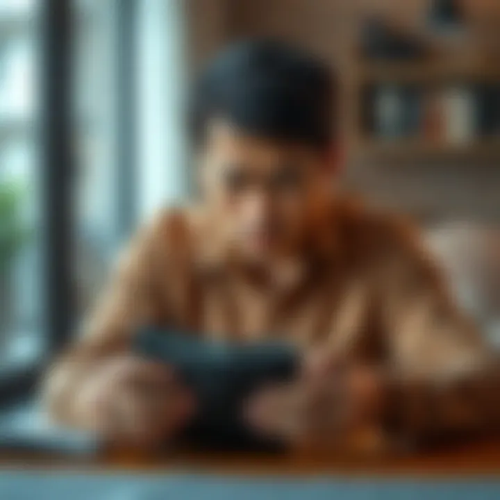 A worried individual sitting at a table, staring at an empty wallet with a sad expression