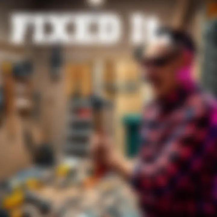 A person laughing while holding a hammer and looking at a messy home project with tools scattered around