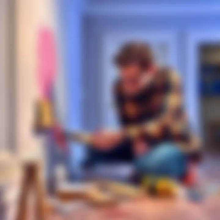 A person painting and assembling pieces of indoor trim for home decor
