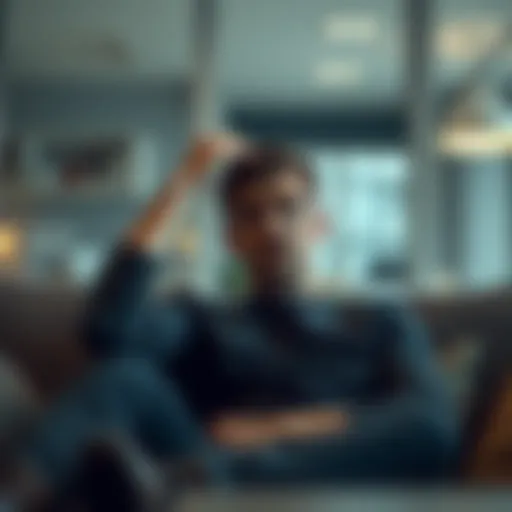 A person sitting on a couch looking confused and dizzy, with a blurry background suggesting derealization. They have their hand on their head, indicating discomfort.